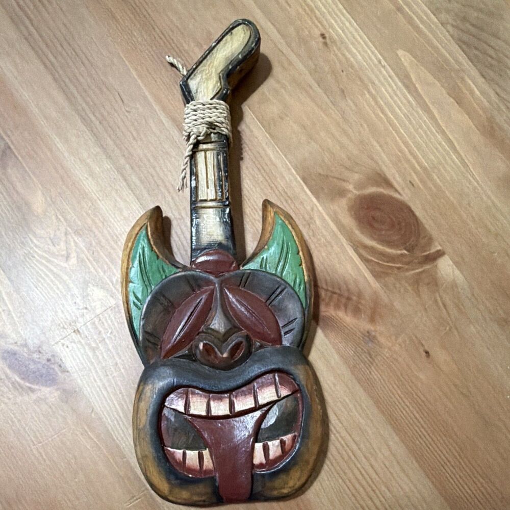 Hand Carved Wooden Tiki Guitar Wall Plaque Polynesian BarArt